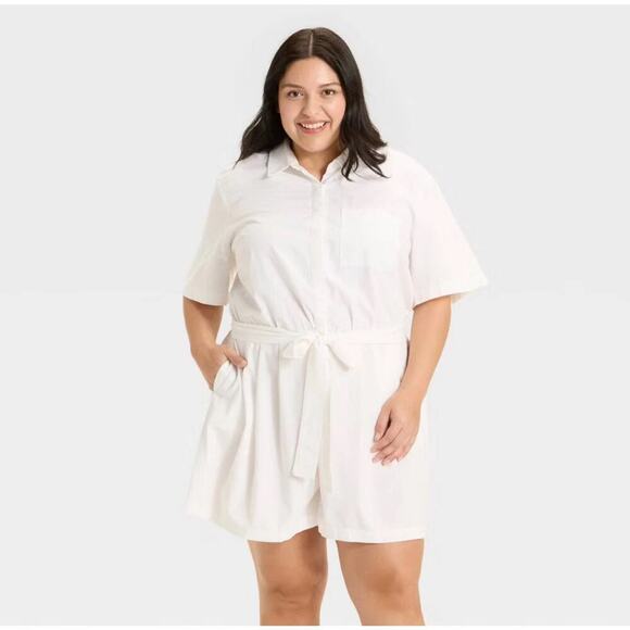 Ava and viv Pants - Women's Short Sleeve Belted Romper - Ava & Viv White XXL